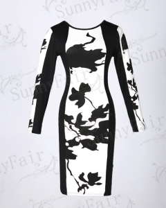 Celebrity O-Neck Long Sleeve Contrast Floral Print Color Stretch